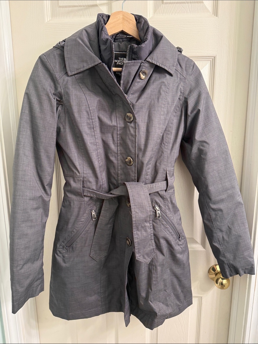 The North Face Women's Charcoal Belted Trench Coat, removable insulated layer